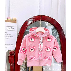 Áo khoác chống nắng có nón cho bé gái hình Gấu dâu lotso từ 10-30kg chất da cá mịn mát