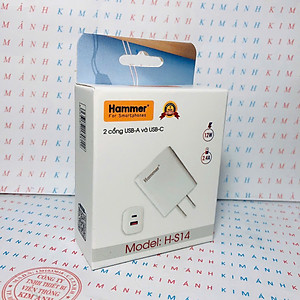 Củ sạc Ham mer H-S14, dòng điện 2.4A công suất 12W có 2 cổng (Type C và cổng USB), Check Qr hàng chính hãng