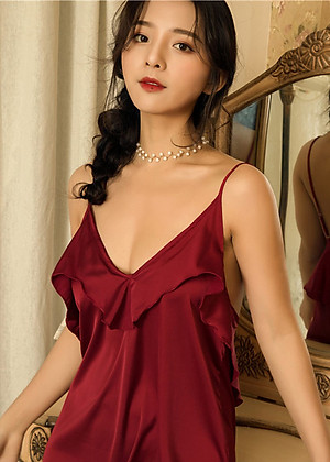 Đầm ngủ lụa 2 dây phối bèo nhún ngực