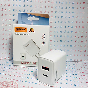 Củ sạc Ham mer H-S14, dòng điện 2.4A công suất 12W có 2 cổng (Type C và cổng USB), Check Qr hàng chính hãng