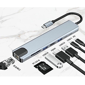 Bộ Chuyển Đổi Hub 8 Trong 1 Type C 3.1 Sang HDMI 4K-Mạng RJ45 Đọc Thẻ SD / TF Cho MacBook Notebook Laptop Máy Tính-Hàng Chính Hãng