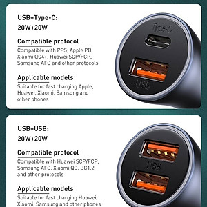 Tẩu củ sạc nhanh 40W cổng PD type c và USB hiệu Baseus Goldern Contactor  Pro đa năng cho xe hơi / xe ô tô trang bị LED đổi màu, Quick Charge 3.0 / Quick Chagre 4.0, PD 3.0, smartchip BPS 2.0 - Hàng nhập khẩu