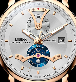 Đồng hồ nam chính hãng LOBINNI L18018-1,Kính sapphire nguyên khối ,chống xước,chống nước 50m,mặt trắng vỏ vàng hồng dây da nâu xịn, thép không gỉ 316L,Đồng hồ cơ (Automatic) bảo hành 24 tháng, hàng mới 100%,thiết kế đơn giản trẻ trung và sang trọng