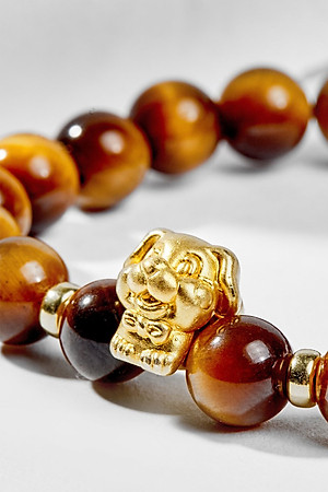 Vòng Tay Đá Mắt Hổ Vàng Nâu Phối Charm 12 Con Giáp Bạc Mạ Vàng 24K Size Hạt 8mm Mệnh Thổ, Kim - Ngọc Quý Gemstones