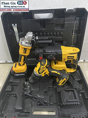 Bộ Combo Máy Khoan Đục Bê Tông, Máy Mài Và Máy Khoan Pin Dùng Pin 199V, 2 Pin 15Cell, Động Cơ Không Chổi Than, Bảo Hành 12 Tháng (Tặng kèm hộp đựng)