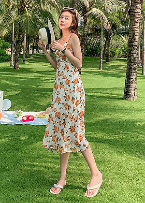 Đầm maxi 2 dây dễ mặc, chất voan mềm mát, họa tiết hoa vàng nhẹ nhàng nữ tính | MX057