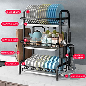 Kệ chén bát đĩa 2 - 3 tầng INOX 304 cao cấp sơn đen tĩnh điện kèm khay ráo nước, giá kệ úp bát khô ráo trên bàn bếp gọn gàng, sạch sẽ, kệ đa năng tiết kiệm không gian - Hàng cao cấp