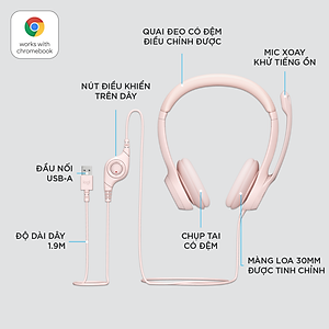 Tai nghe có dây Logitech H390 dành cho PC, Laptop, âm thanh nổi với Micrô khử tiếng ồn, USB-A, các nút điều khiển trên dây - Hàng chính hãng