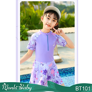 Áo tắm liền thân dáng váy bé gái, quần đùi liền trong váy, chất thun bơi lạnh co giãn tốt, chống nắng nhanh khô, màu sắc họa tiết nữ tính, size từ 10-40kg | BT24