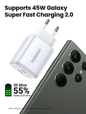 Ugreen UG15327CD294TK 45W 2C GaN chuẩn cắm EU chân tròn Màu Trắng Củ sạc nhanh 2 cổng USB-C - HÀNG CHÍNH HÃNG