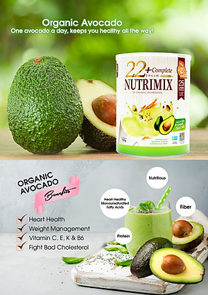 Bột ngũ cốc dinh dưỡng cao cấp 22+ Complete Nutrimix - Organic Avocado (vị Bơ hữu cơ) 750g hộp thiếc