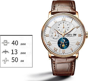 Đồng hồ nam chính hãng LOBINNI LB11023G-D1 Kính sapphire chống xước,chống nước 50m,mặt trắng vỏ vàng hồng dây da nâu xịn, thép không gỉ 316L,Đồng hồ cơ (Automatic) bảo hành 24 tháng,thiết kế đơn giản và sang trọng