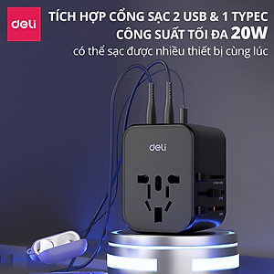 Ổ Cắm Chuyển Đổi Du Lịch Deli Sạc Nhanh 70W Củ Sạc Đa Năng DELI 4 Loại Chân Cắm Chuyển Đổi Dòng Điện