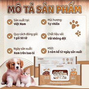 Khăn ướt vệ sinh thú cưng Pet Wipes gói 50 tờ mùi hương tự nhiên vừa làm sạch khử mùi cho chó mèo