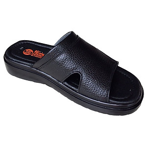 Dép quai ngang nam Trường Hải da bò cao cấp mềm mại không bong tróc màu đen đế PU siêu nhẹ cao 5cm QN025