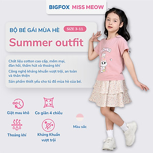 Set bộ cotton bé gái Bigfox Miss Meow size đại cộc tay mix chân váy hè cỡ 3,6,9,11 tuổi 30kg 40kg