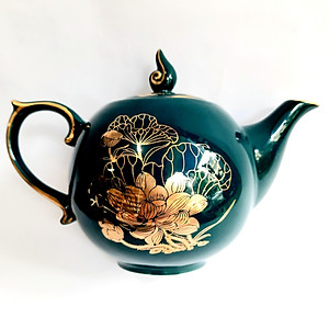 Bộ ấm chén Bát Tràng cao cấp phú quý Mallard màu xanh Arctic họa tiết hoa sen vẽ vàng 24k 