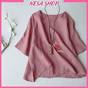 Áo kiểu nữ trung niên thêu hoa tặng mẹ form rộng bigsize chất liệu Đũi cao cấp mềm nhẹ mát NeSa Shop, AKH.66