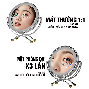 Gương trang điểm đèn LED Chân Xòe cảm ứng để bàn phóng đại 3 lần, xoay 360 độ, 2 mặt Minh House
