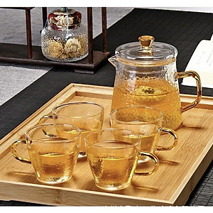 Bộ ấm chén thủy tinh pha trà tay vàng vân sần chịu nhiệt cao cấp kèm khay gỗ tre