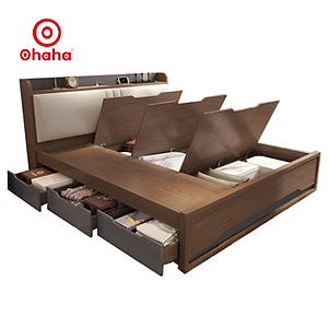 [Ảnh thực tế - Miễn phí lắp đặt & vận chuyển] Giường ngủ gỗ công nghiệp bọc nệm đầu giường có hộc kéo tiện lợi Ohaha - GN001