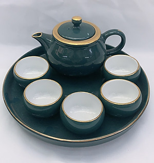BỘ ẤM CHÉN PHA TRÀ TRUYỀN THỐNG  KÈM KHAY SỨ TRÒN MEN BÓNG - ANTH685