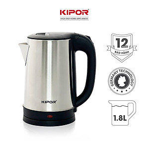 Ấm siêu tốc KIPOR KP-A318SA - 1.8L - Ấm điện inox 304 chống ăn mòn - Chân đế xoay 360 độ tự ngắt chống quá tải, quá nhiệt- Hàng chính hãng