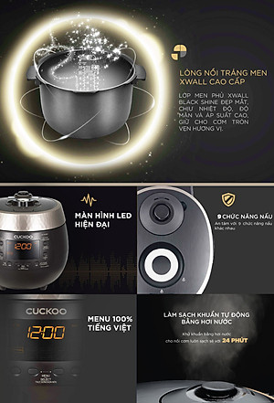 Nồi cơm điện tử áp suất Cuckoo 1.8 lít CRP-R1000F màu đen - lòng nồi chống dính cao cấp phủ Xwall Diamond -Sản xuất tại Hàn Quốc - bản Quốc Tế tiếng Anh - Hàng chính hãng Cuckoo Việt Nam