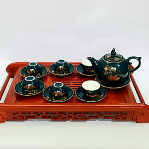 Bộ ấm chén Bát Tràng cao cấp màu xanh Arctic họa tiết hoa sen vẽ vàng 24k