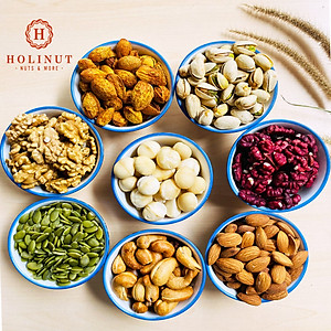 Mix hạt dinh dưỡng ăn liền - Hạt dẻ cười, hạt macca, hạt điều rang mộc, hạnh nhân rang mộc và óc chó đỏ / đóng gói 500gram