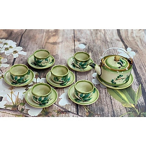 Bộ ấm trà + phụ kiện, men dong, họa tiết vẽ thủ công. Gốm sứ Bát Tràng.