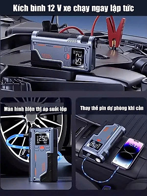 Bộ Kích Bình Ắc Quy 12V 1000A Kiêm Bơm Lốp Xe 150Psi 10000 mAh Dùng Cho Xe 4C Đến 7C