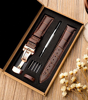 Dây Đồng Hồ Da Bò Khóa Bướm Hộp Đựng Bằng Gỗ Cao Cấp YE-003G