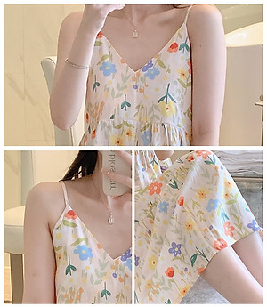 Váy 2 dây cho nữ mặc nhà vải lanh mềm mát, dáng xòe, nhiều họa tiết, freesize từ 45 đến 75 kg