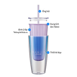 Ly nhựa 2 lớp LocknLock kèm ống hút Dream star Double wall cold cup 750ml HAP522