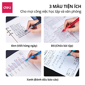 Bút gel bấm Bút bi nước mực Xanh/Đen/Đỏ Deli cho Văn phòng Học sinh ngòi 0.5mm - Mực đều chữ đẹp