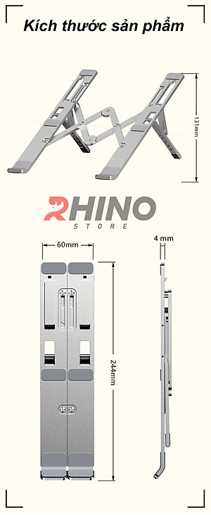 Giá đỡ Laptop, cho ipad, cho macbook tản nhiệt Rhino KL102, kệ đỡ máy tính nhôm cao cấp, gấp gọn, tặng kèm túi đựng - Hàng chính hãng