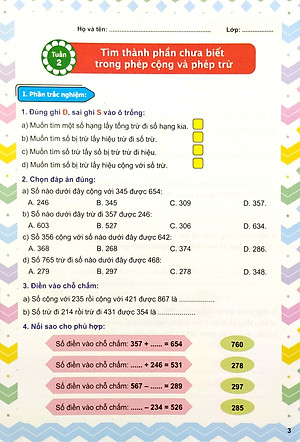 Phiếu Ôn Tập Cuối Tuần Môn Toán Lớp 3 (CT)