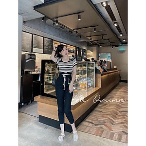 Áo len nữ dáng croptop tăm cổ U kẻ ngang phối viền chất len dày mịn hàng Quảng Châu cao cấp