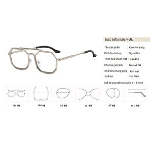 Gọng Kính Cận, Kính Giả Cận Nam Nữ, Mắt Lục Giác Độc Lạ, Dày Dặn Cứng Cáp, Đen,Bạc - BLUE LIGHT
