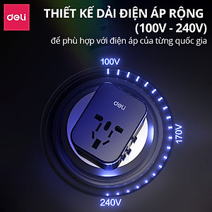 Ổ Cắm Chuyển Đổi Du Lịch Deli Sạc Nhanh 70W Củ Sạc Đa Năng DELI 4 Loại Chân Cắm Chuyển Đổi Dòng Điện