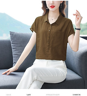 Áo sơ mi nữ form rộng tay ngắn, chất liệu Đũi tơ mềm mát, áo kiểu nữ, form trẻ trung, năng động, T73