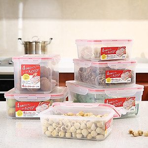Combo 4 hộp nhựa chữ nhật bảo quản thực phẩm Inomata (Full size) - Có khóa nắp 4 chiều