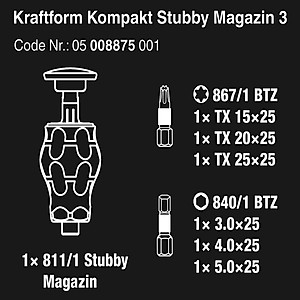 Dụng cụ mở vít Wera 05008875001 Kraftform Kompakt Stubby magazine 3 gồm 6 cái, hoa thị và lục giác