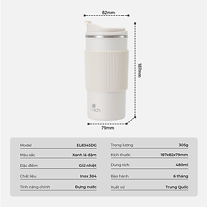 Ly giữ nhiệt inox 304 Elmich EL8345 480ml, Hàng chính hãng, lớp silicone chống trượt - JoyMall