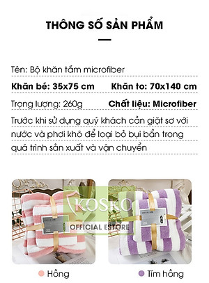 Bộ 2 khăn tắm khổ lớn microfiber KOSKO kích thước 70x140cm và 35x75cm siêu thấm hút không rụng lông