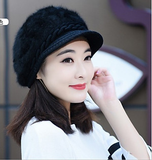 Nón len nữ, mũ len nữ lông xù mũi kết A060