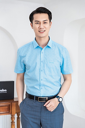 Áo Sơ Mi Nam Xanh Ngọc Ngắn Tay Công Sở Thương Hiệu Anton Trung Niên Sợi Tre Họa Tiết -GD560