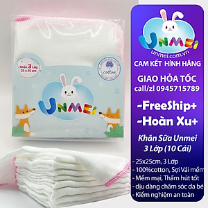 Khăn Sữa 4 Lớp Unmei Xuất Nhật Bịch 10 cái 25x25cm 100% Cotton mềm mại thấm hút tốt