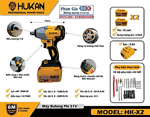 Máy siết bulong Hukan X2 Pro 21V Không chổi than tặng bộ mũi khoan